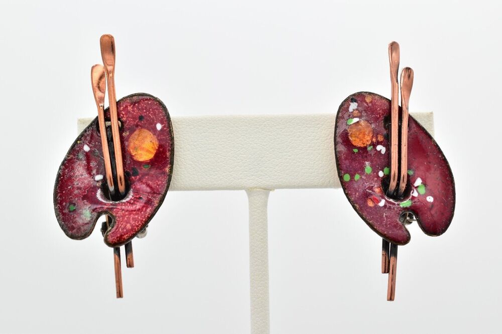Matisse Renoir Vintage Clip On Earrings Copper Paint Palette Enamel Signed 9M